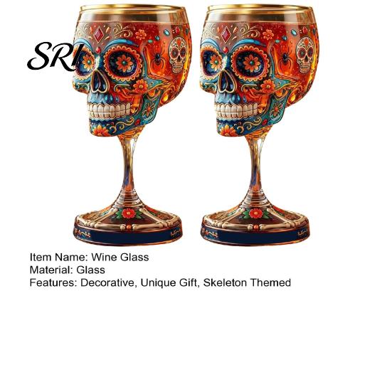 Skeleton Themed Wine Glass Gothic Skull Glass, Hand Painted Goblet, Day Art Glassware of The Dead Decor, Unique Bar Gift for Halloween Altar Accessory
