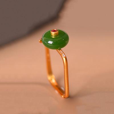 Ancient Gold Craft Natural Hetian Jade Vintage Charm Unique Square Design Rings For Women Adjustable Stylish Fresh Party Jewelry