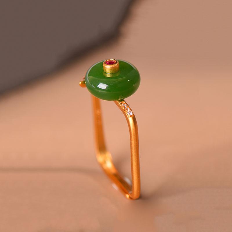 

Ancient Gold Craft Natural Hetian Jade Vintage Charm Unique Square Design Rings For Women Adjustable Stylish Fresh Party Jewelry resizable