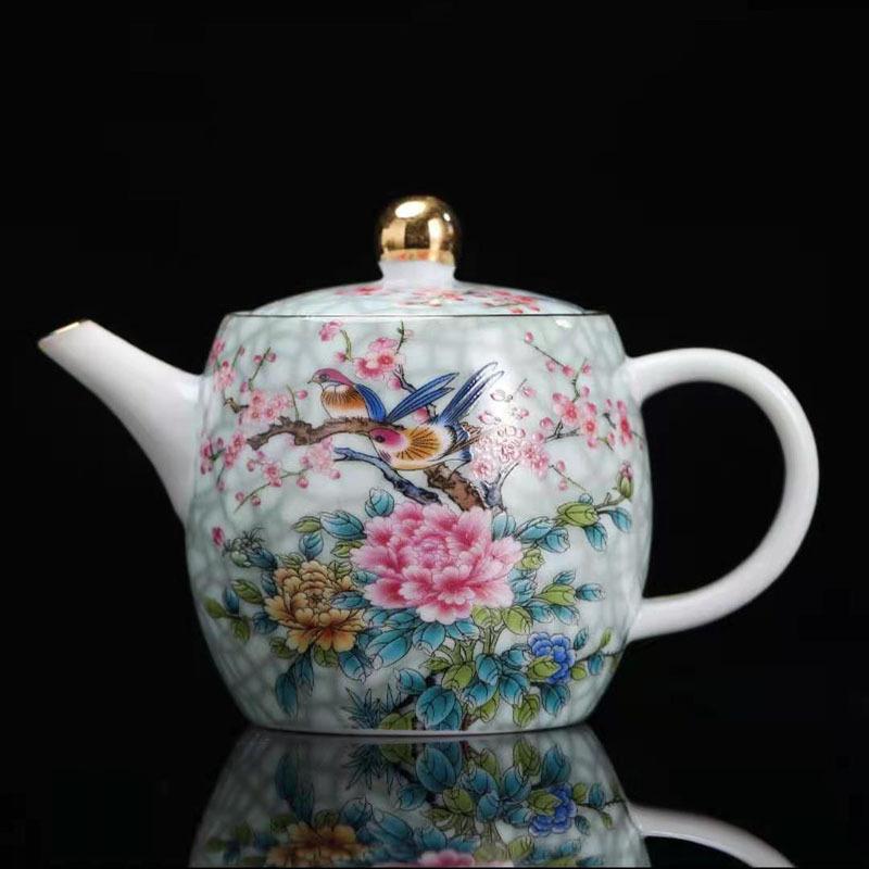 Large Ceramic Teapot Set with Hand Painted Flowers Home Tea Brewing Kungfu Tea Kit with Handle