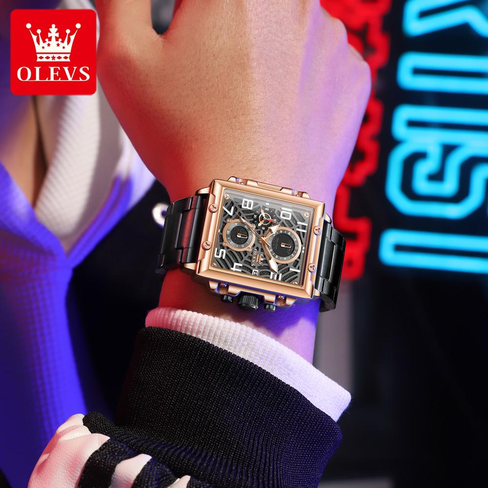 OLEVS Mens Watch Original Square Quartz Watch Waterproof Luminous Stainless Steel Sport Clock Reloj Watch For Men
