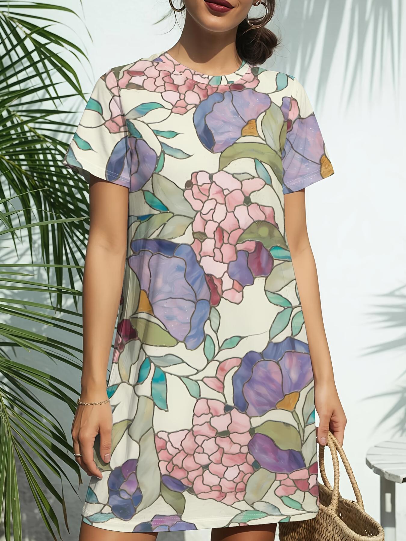 

The Vintage Garden Women S New Round-Neck Short-Sleeve T-Shirt Dress Features American Fashion Trends with Digital Prints. Perfect for Casual Wear in 7XL