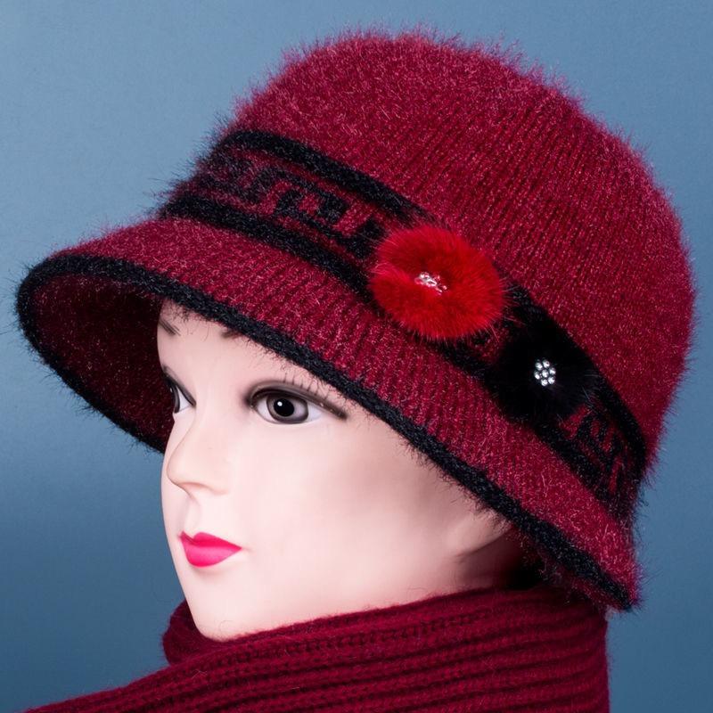 Old lady hat autumn and winter fleece basin hat women's warm knitted hat mother fashion wool hat cotton hat