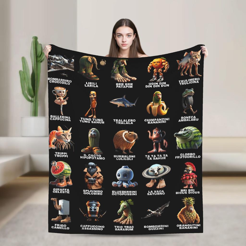 Funny Italian Brainrot Memes Compilation Blanket Travel Flannel Throw Blanket For Home Decor Super Warm Quality Bedspread Gift