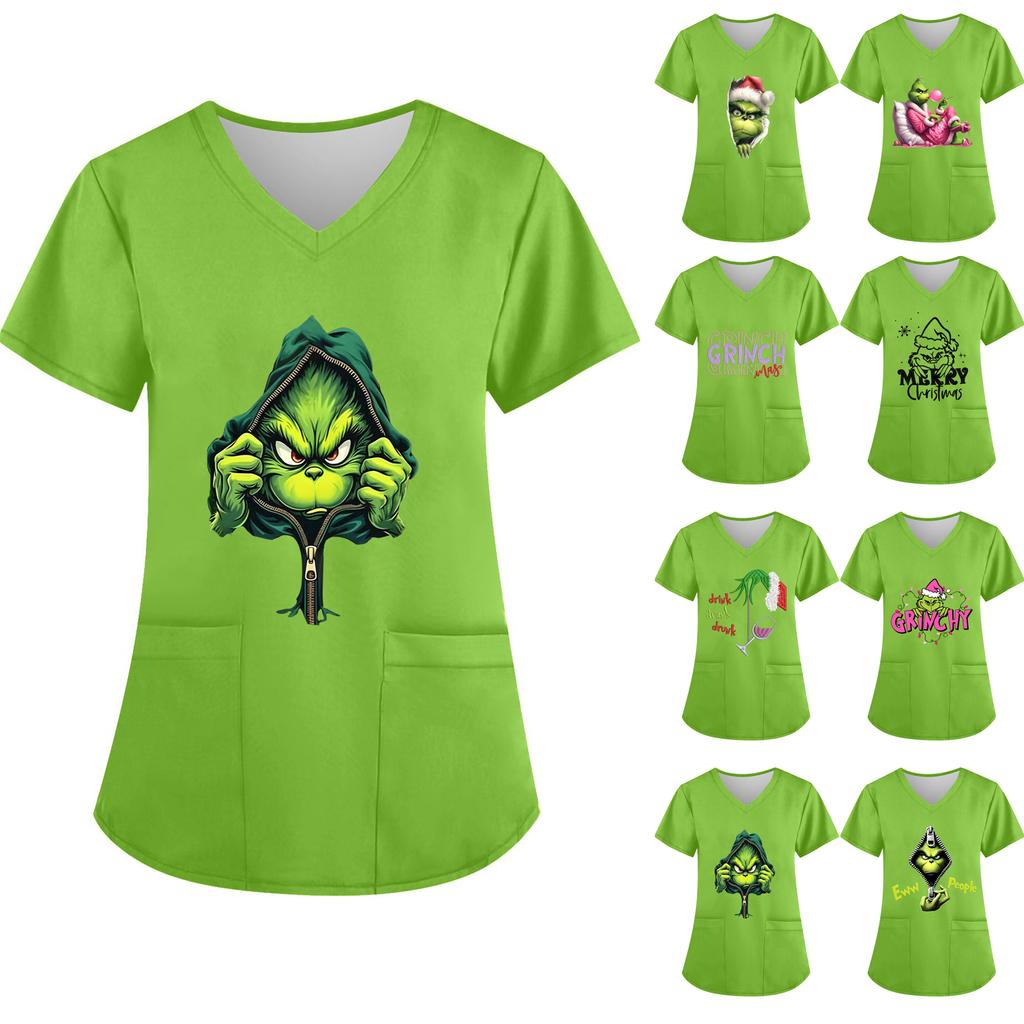 Women's V-neck Christmas Print Short-sleeved Pocket Side Slit Uniform Top