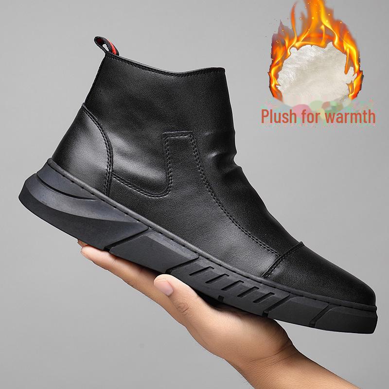 Men's Mid-Top Martin Boots with Soft Leather and Velvet-Lined, Zippered Autumn/Winter Casual Shoes