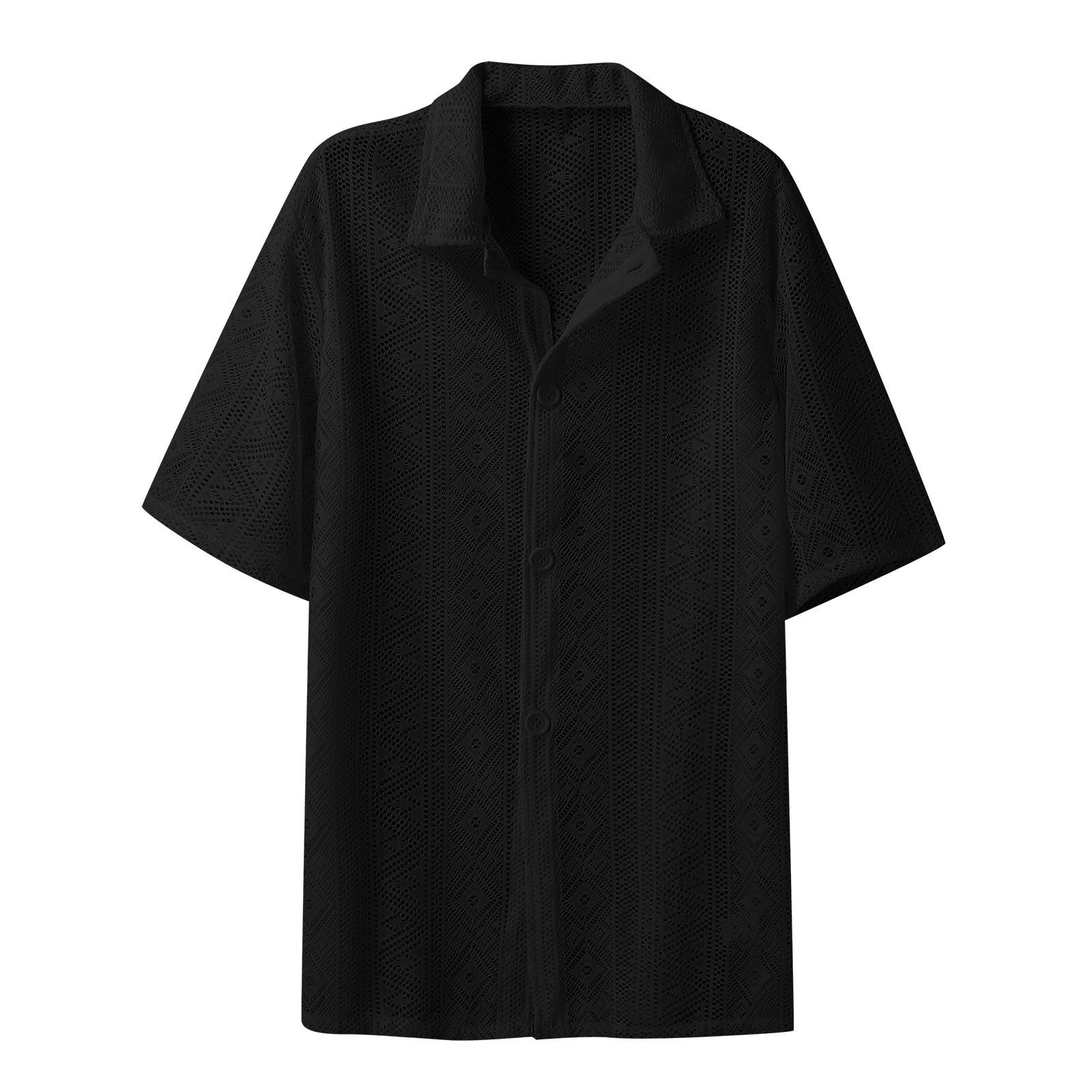 

2026 Solid Color Shirt Fashion Men s Middle Sleeve Mesh Transparent Lace Shirt S чёрный