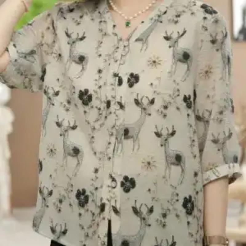 Women's Green Pattern Blouse Half Sleeve V-Neck Sheer Fabric Casual Daily Top
