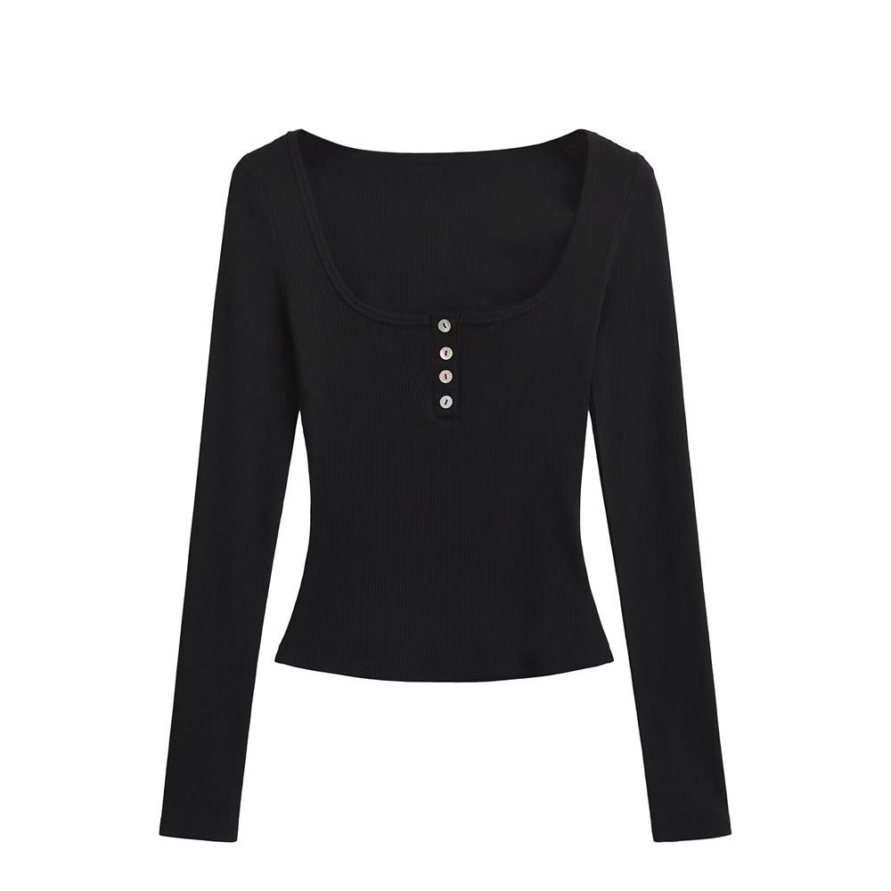 

YPFF Женский модный облегающий топ-базовый слой с пуговицами, ключичным U-образным вырезом и длинными рукавами M