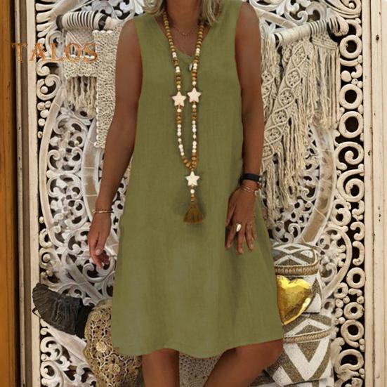 Lady Summer Dress Sleeveless V Neck A-line Solid Color Knee Length Midi Dress Pullover Vest Type Vacation Beach Dress