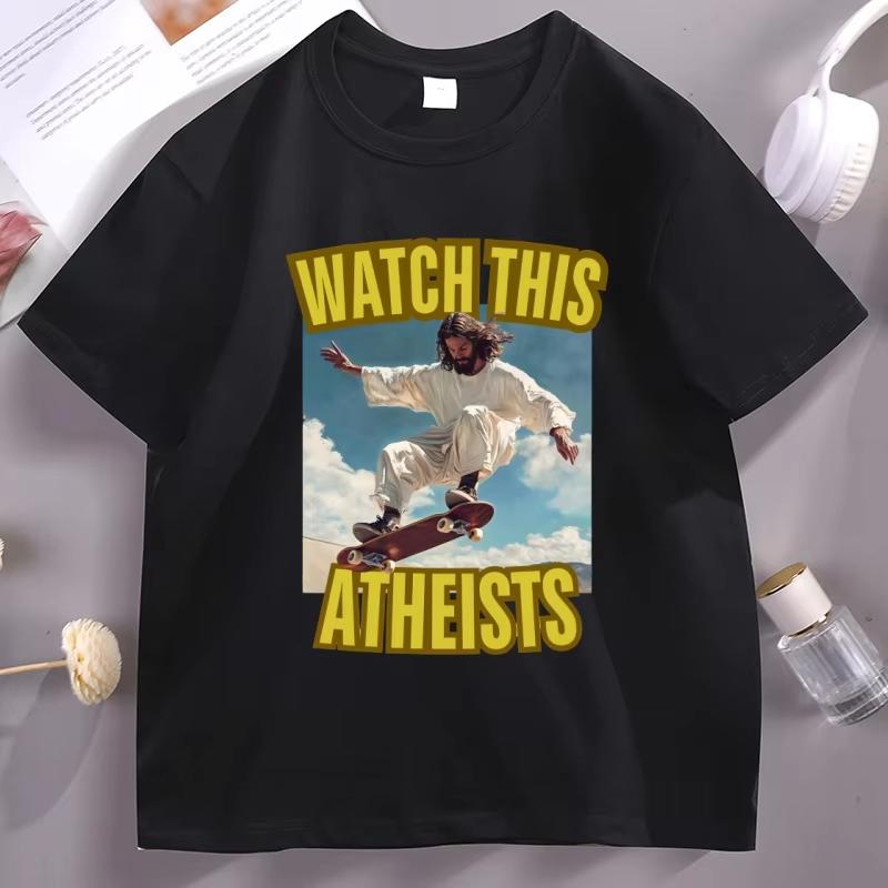Watch This Atheists Vintage Graphic T-Shirt Unisex Women Retro Jesus Skateboarding Meme T Shirt Funny Christian Tshirt 90s Tops S