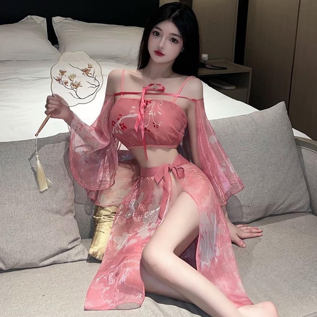 Large size sexy Hanfu hollowed out high slit exposed legs Daji skirt antique shawl thin embroidered tube top belly pocket