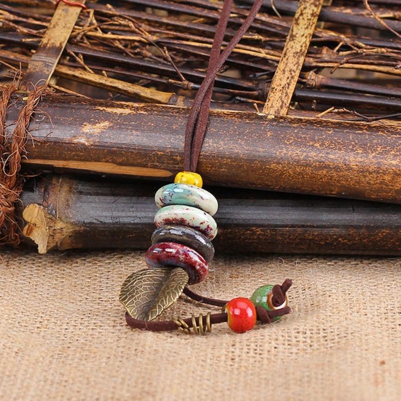 Handmade Ceramic Necklace Adjustable Length Multi Color Beads Leaf Pendants Vintage Style Sweater Chain for Women