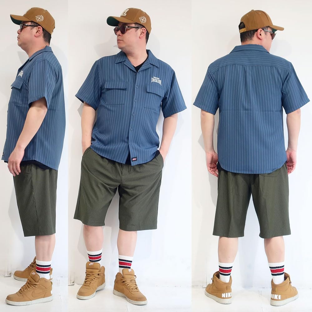 Dickies Men's Short Sleeve Shirt, Striped, Open Collar, Blue, Black, Casual, Sizes M, L, XL, 10001912 (JP, Alphabet, XL, BLUE)
