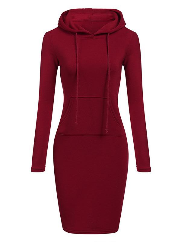2023 Autumn/Winter Women's Solid Color Long Sleeve Hooded Mid-Length Sweatshirt Dress