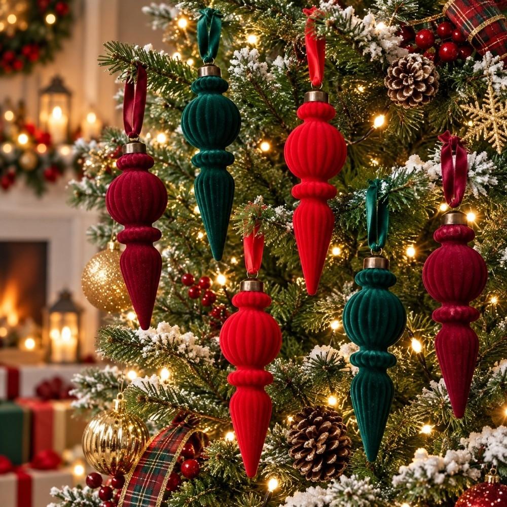 6PCS Oddly Shaped Velvet Christmas Ball Set Solid Color Long Finial Hanging Ornaments Christmas