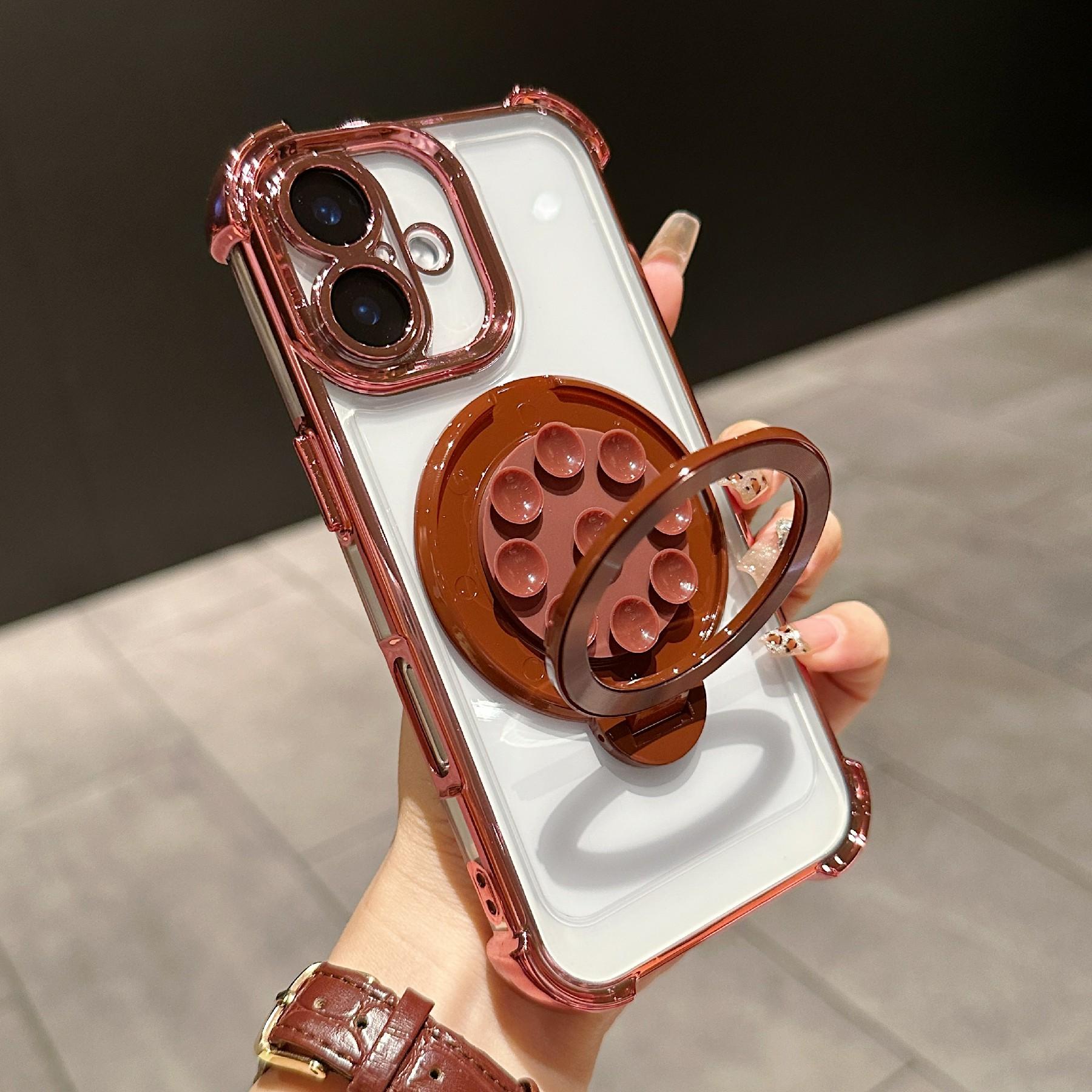 

For iPhone 16 Plus Magnetic Case Suction Cup Kickstand PC Phone Cover with Four Corner Airbag F