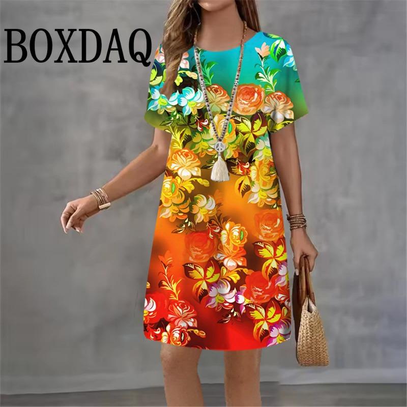 Women s Summer Flower Printed Short Sleeve Round Neck Dress Fashion Tie Dye New Casual Elegant Women s Loose Mini Dress L