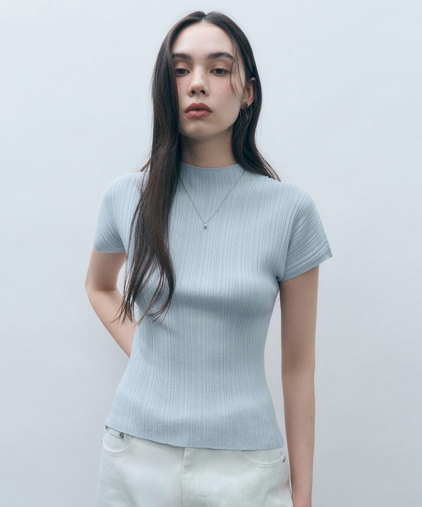 MONGDOL Wholegarment Half-Neck Pleated Knit Top Sky Blue Mdkt107Skyblue