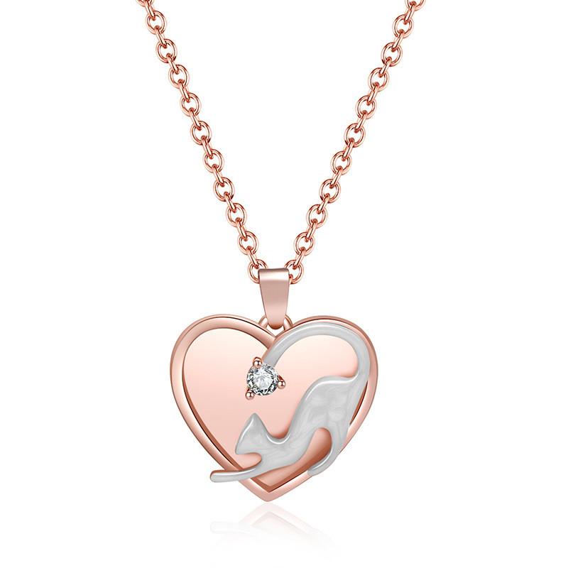 Double Fashionable Layer Heart Cat Pendant Necklace In Sparkling Titanium Steel For Elegant Giving Gift