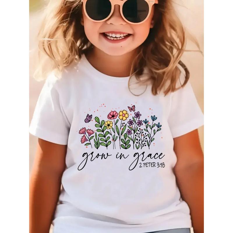 

European Size Girls Short Sleeved Round Neck T Shirt with Embroidered Flower and Butterfly Patterns 98cm белый