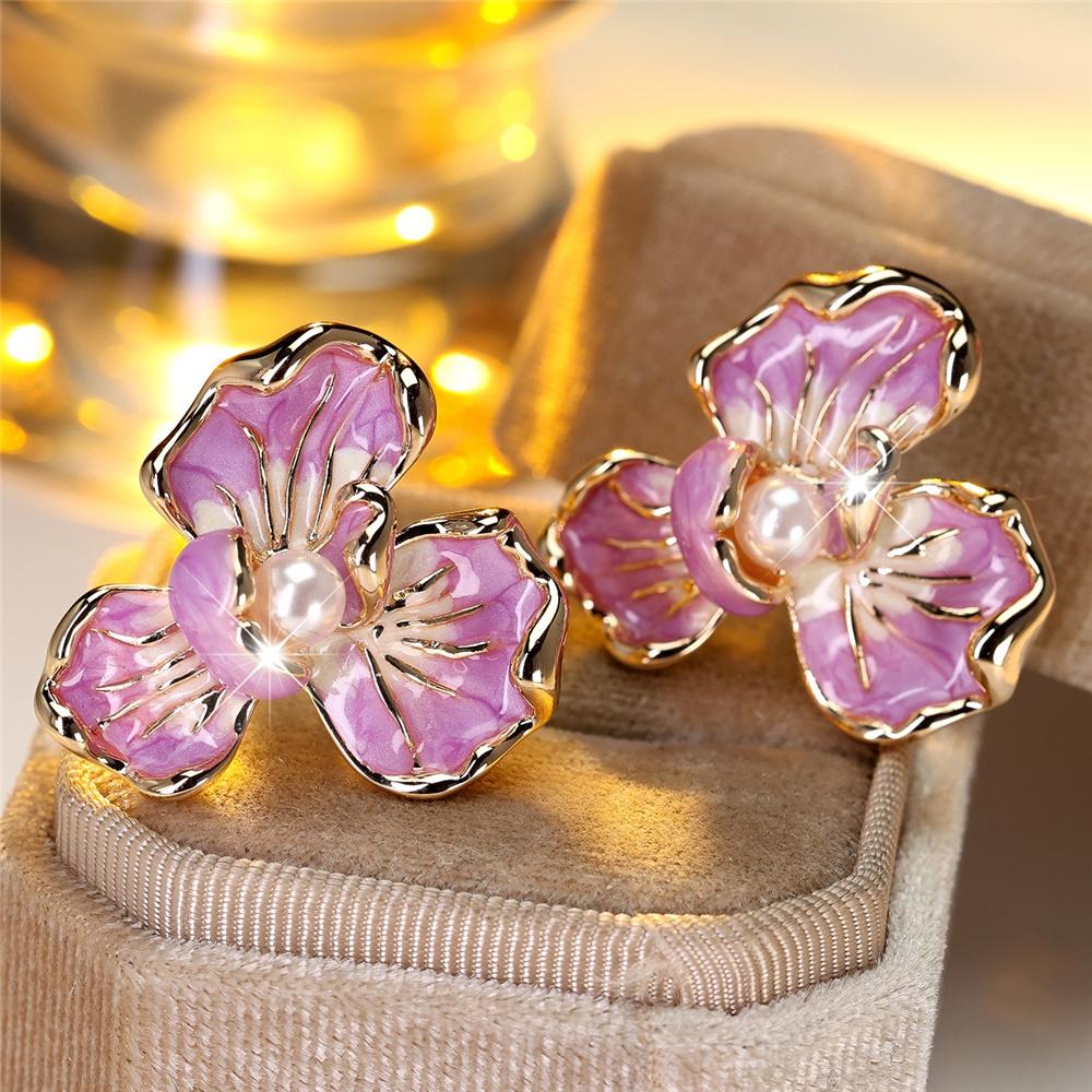 Cute Female White Pearl Purple Enamel Gold Color Flower Stud Earrings Lovely Bridal Wedding For Women