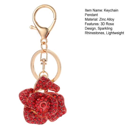 Keychain Pendant Sparkling Rhinestones Inlaid Red Rose Design Key Holder with Lobster Clasp Lightweight