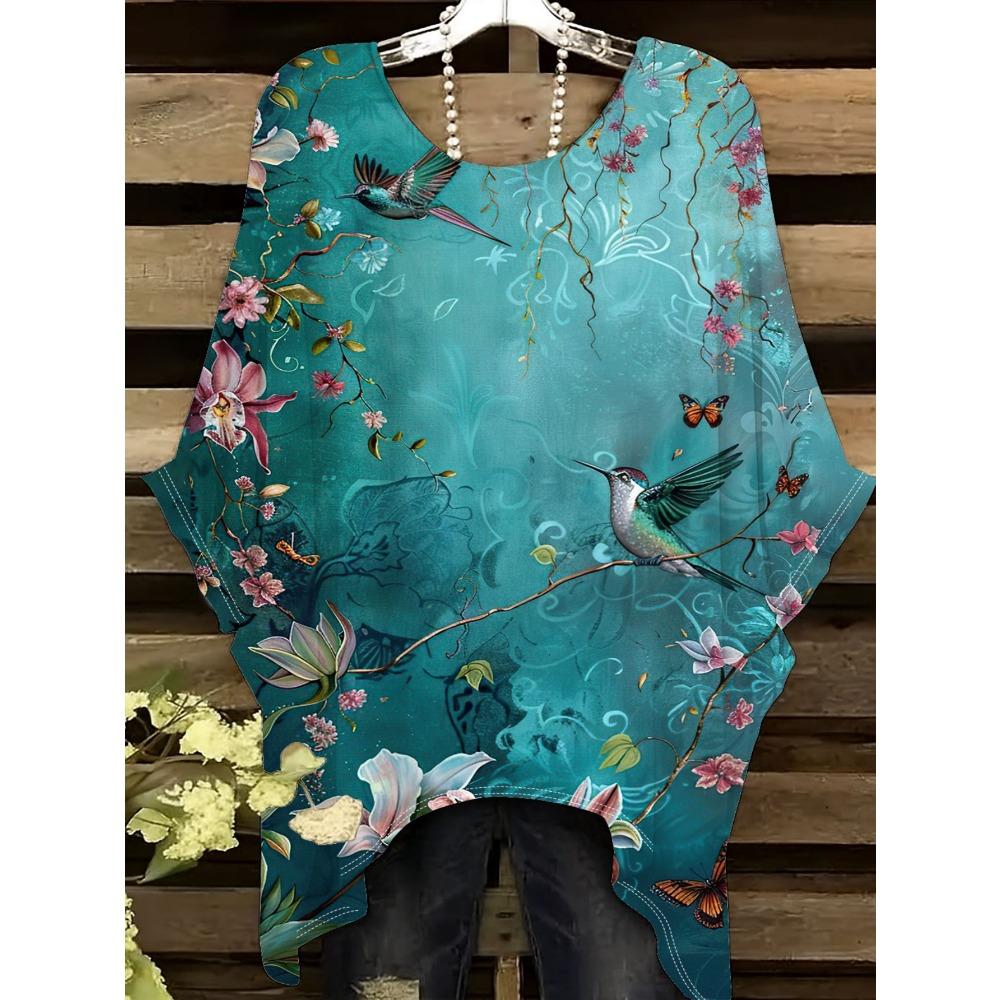 Hummingbird Flower Women's Large Size Short Sleeve T-Shirt, Irregular Hoop Design, Digital Printing