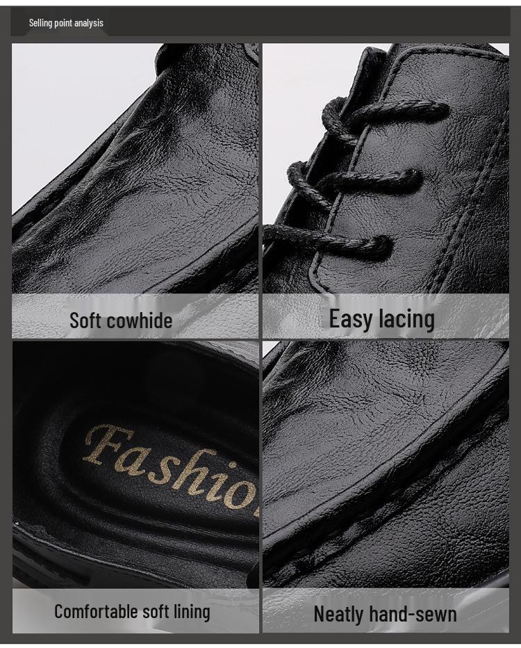 Men's Casual Leather Work Shoes - Low-Top, Height-Increasing, Handmade Cowhide, British Style