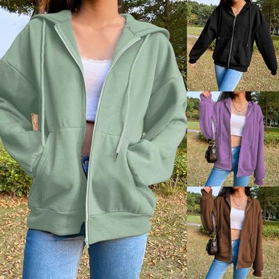 Drawstring Long Sleeves Pockets Zipper Closure Hoodie Coat Autumn Solid Color Women Sweatshirt Jacket