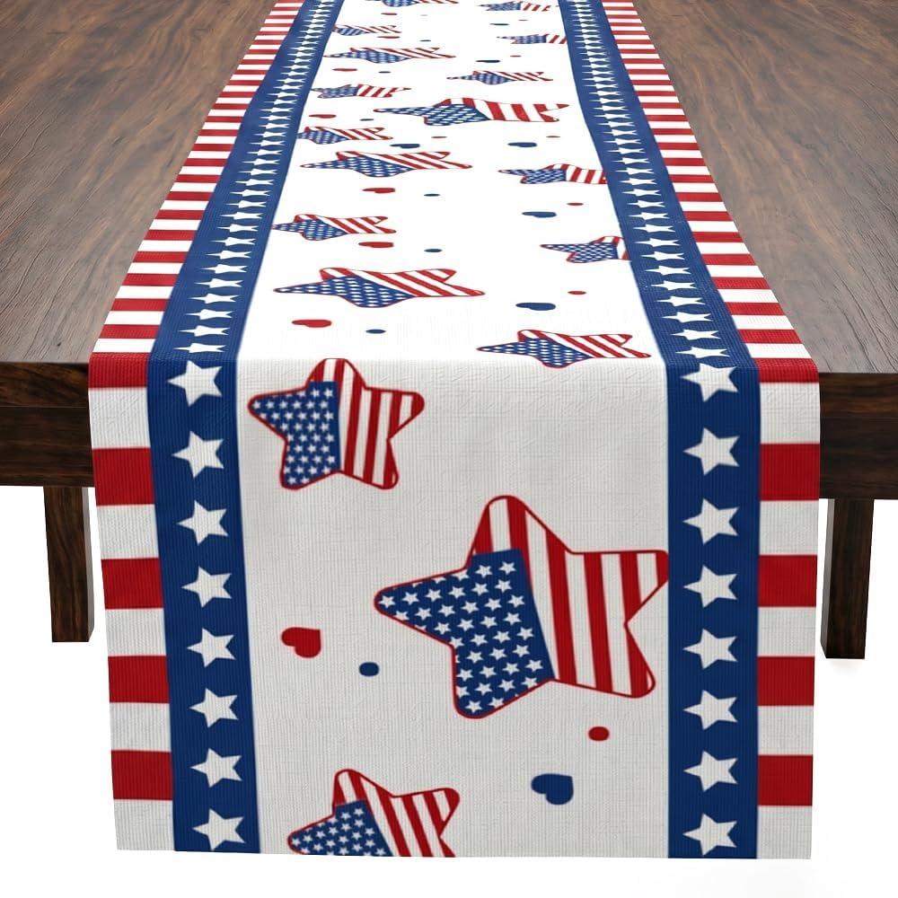 4 juli patriottische tafelvlagdecoratie, 73x13,8 inch linnen met sterrenpatroon, 250e Verjaardag van de VS merchandise, Memorial Day decoratie