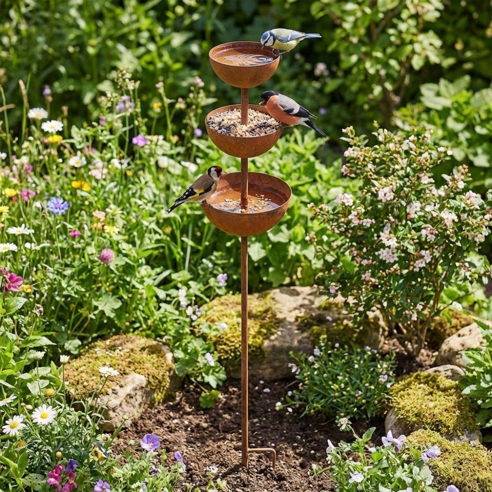 Vintage Iron Bird Water Dispenser 3-Tier Bowl Garden Rain Catcher Outdoor Garden