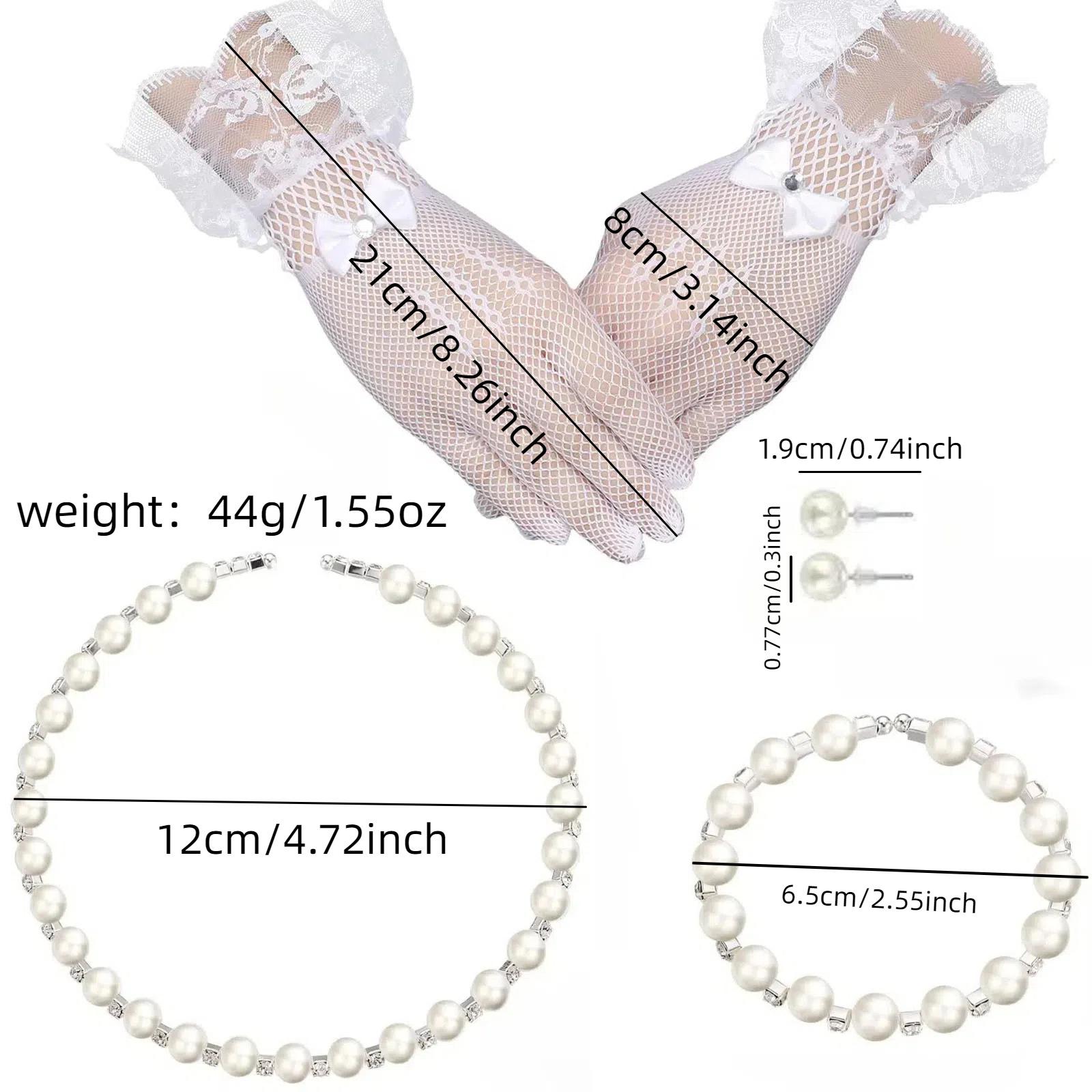 Four - Piece Children s Pearl Necklace Set with Lace Gloves and Crystal Pendant for Banquet children s gloves set