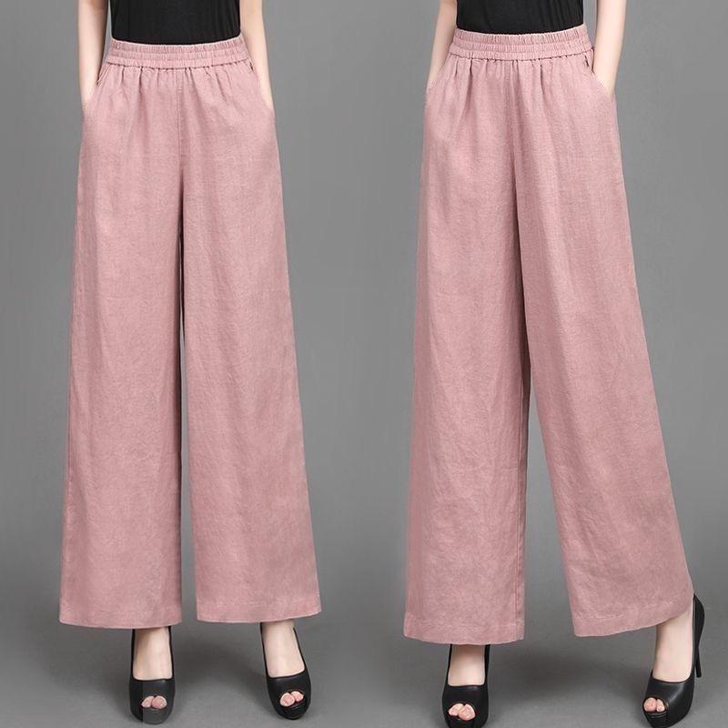 Women's 2025 Summer Cotton Linen Wide-Leg Pants - Simple, Casual, Thin, Loose, Elastic High Waist