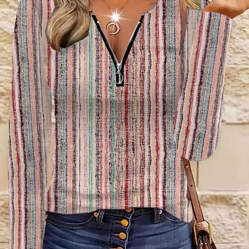 Retro Colorful Striped V-neck Zipper Top for Women, Versatile Slimming Long-sleeved Bottoming T-shirt