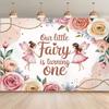 2D Fairy Themed 1st Birthday Backdrop Watercolor Flower Photo Background Banner for Party