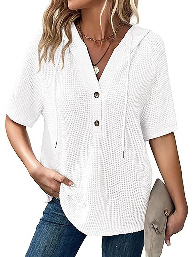 Dames Zomer 2025 Wafelbrei V-hals Hoodie – Korte Mouw, Lichtgewicht, Trekkoord Top