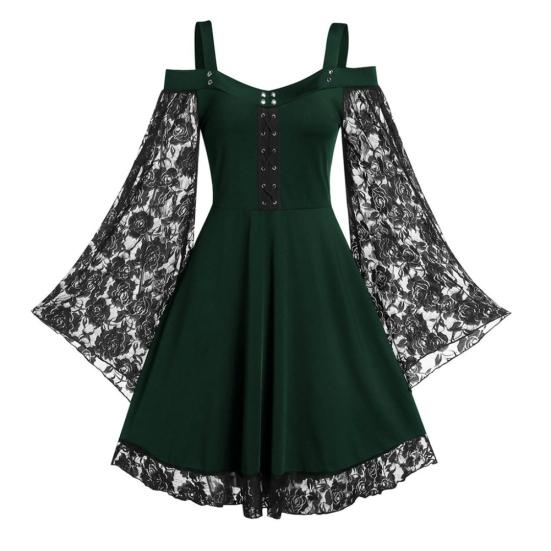 Women Gothic Cold Shoulder Long Flared Sleeve Waist Tight Bandage Party Dress