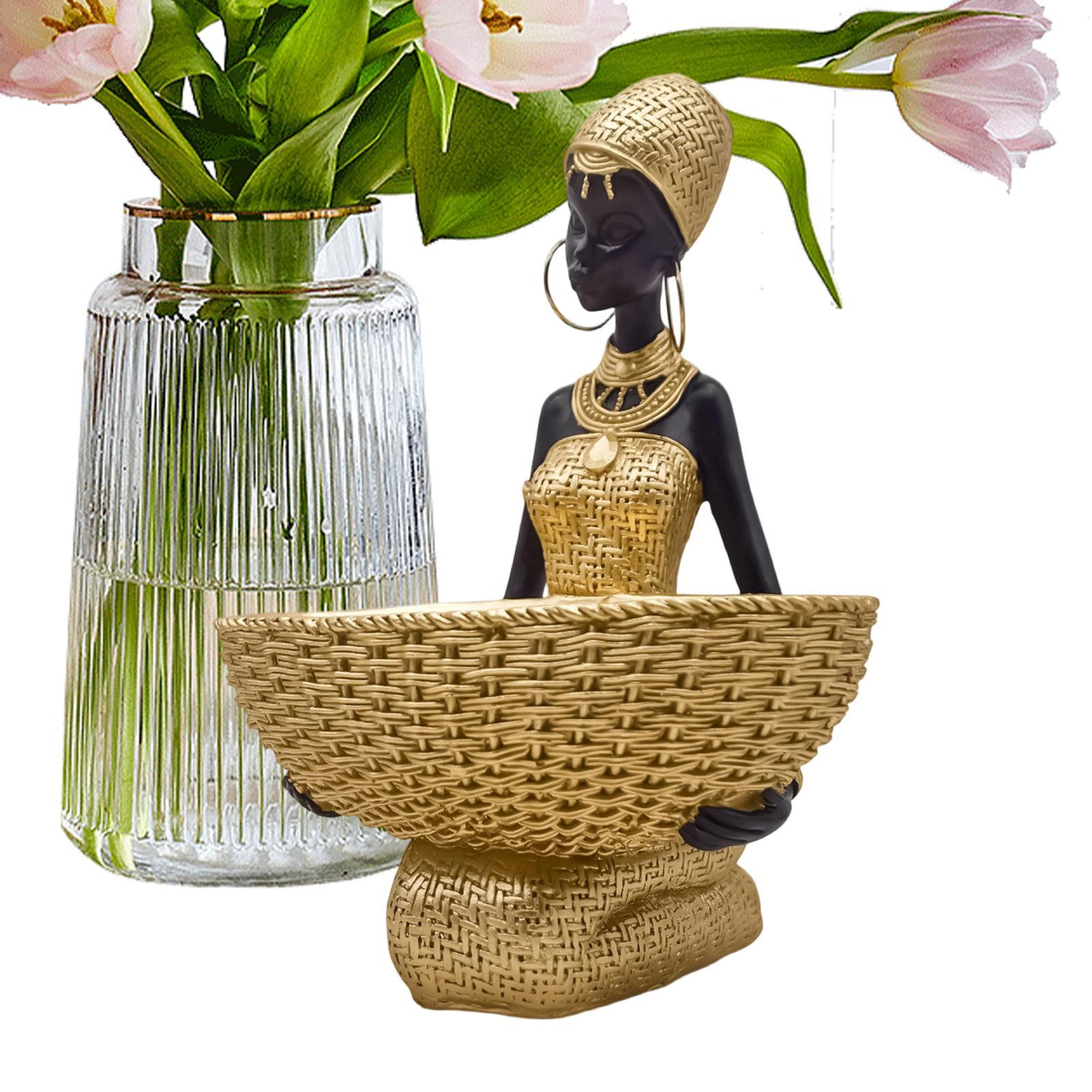 Ручная работа Африканская сидящая женская скульптура Золото Черные фигурки Держащие корзину Смола Винтажная племенная женская скульптура Декор CN