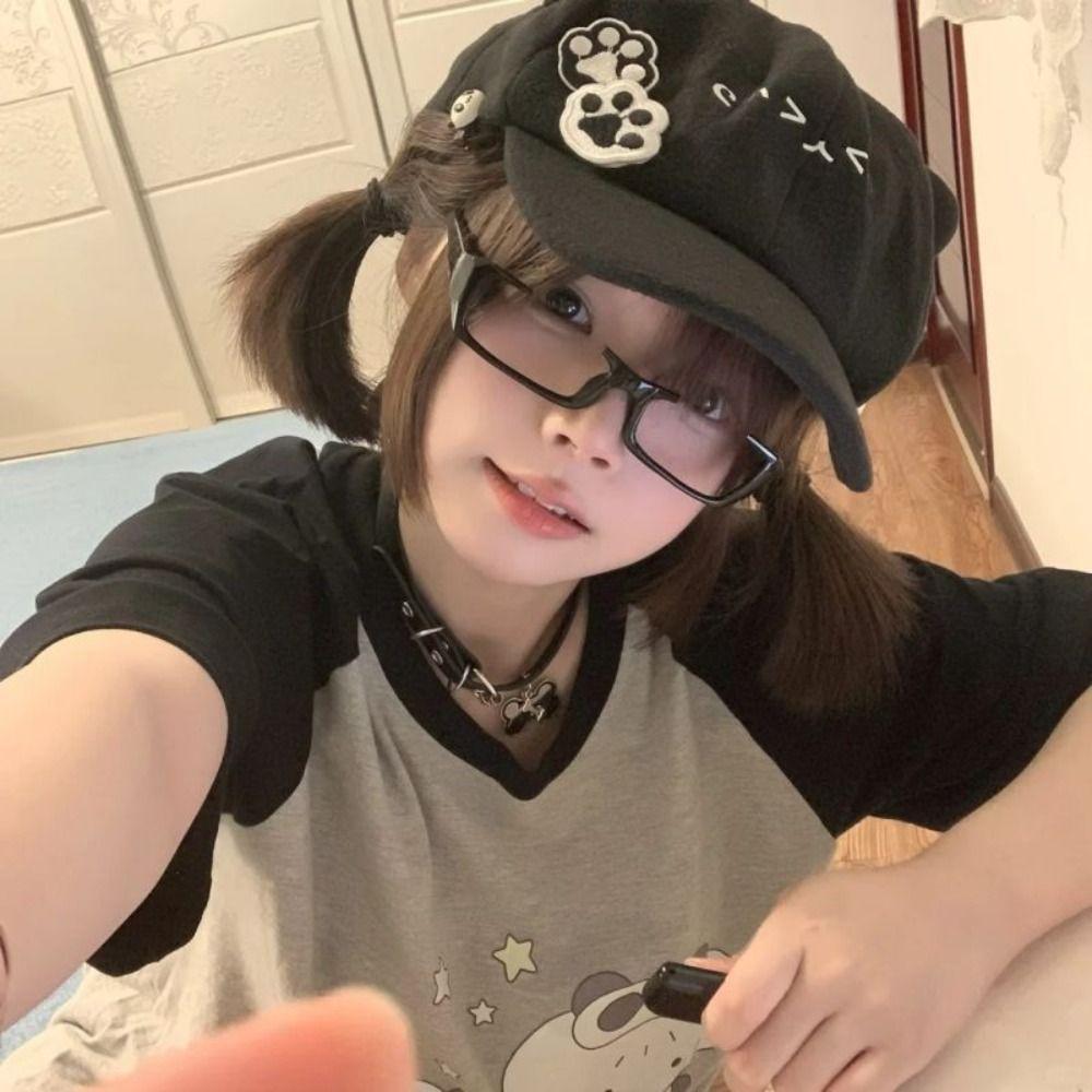 Y2k Cat Ears Baseball Cap Peaked Cap Embroidery Baseball Hat Casual Octagonal Hat  Cosplay