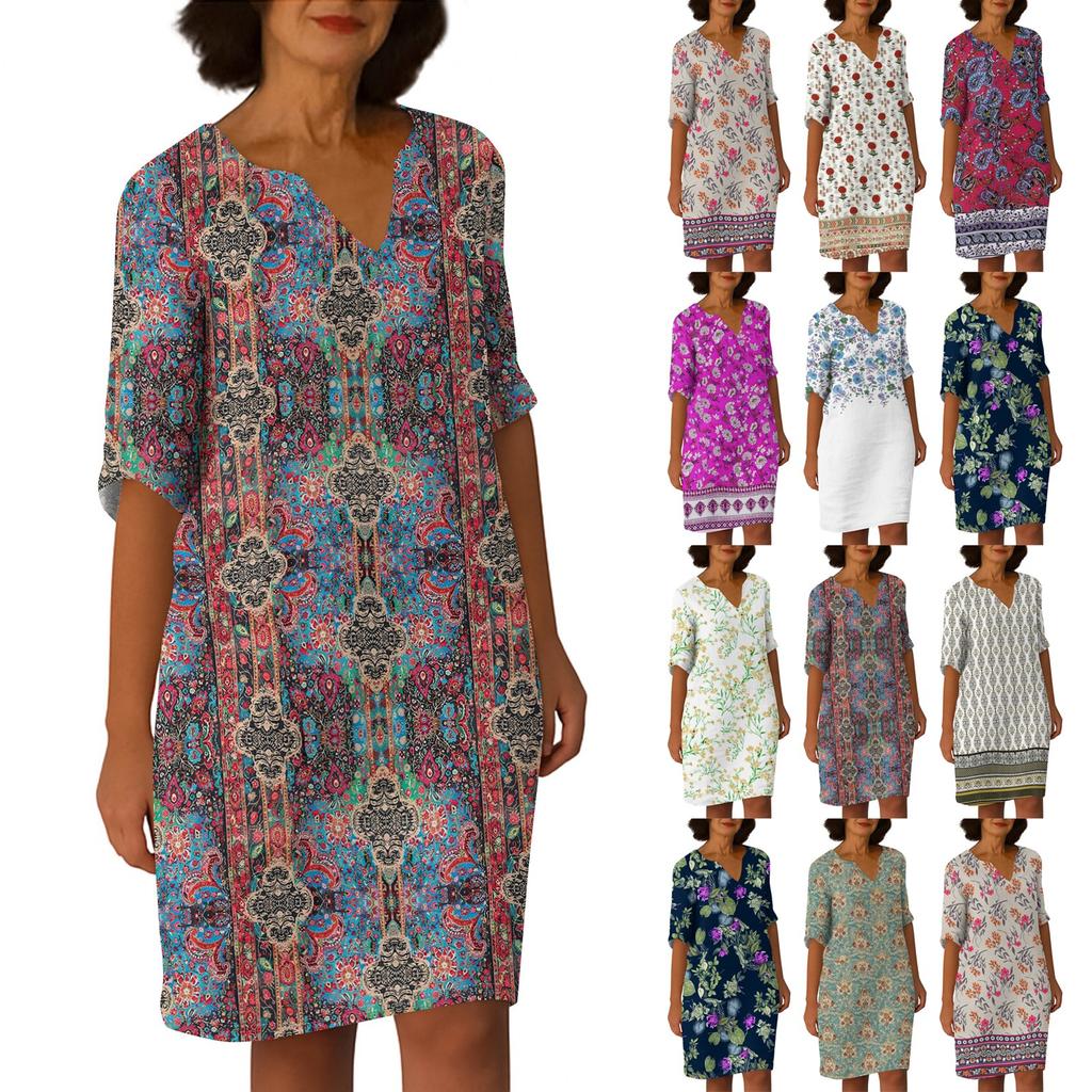 Dresses For Womens Vintage Print Tunic Waisted Midi Dress Summer Casual  Half Sleeve Dress