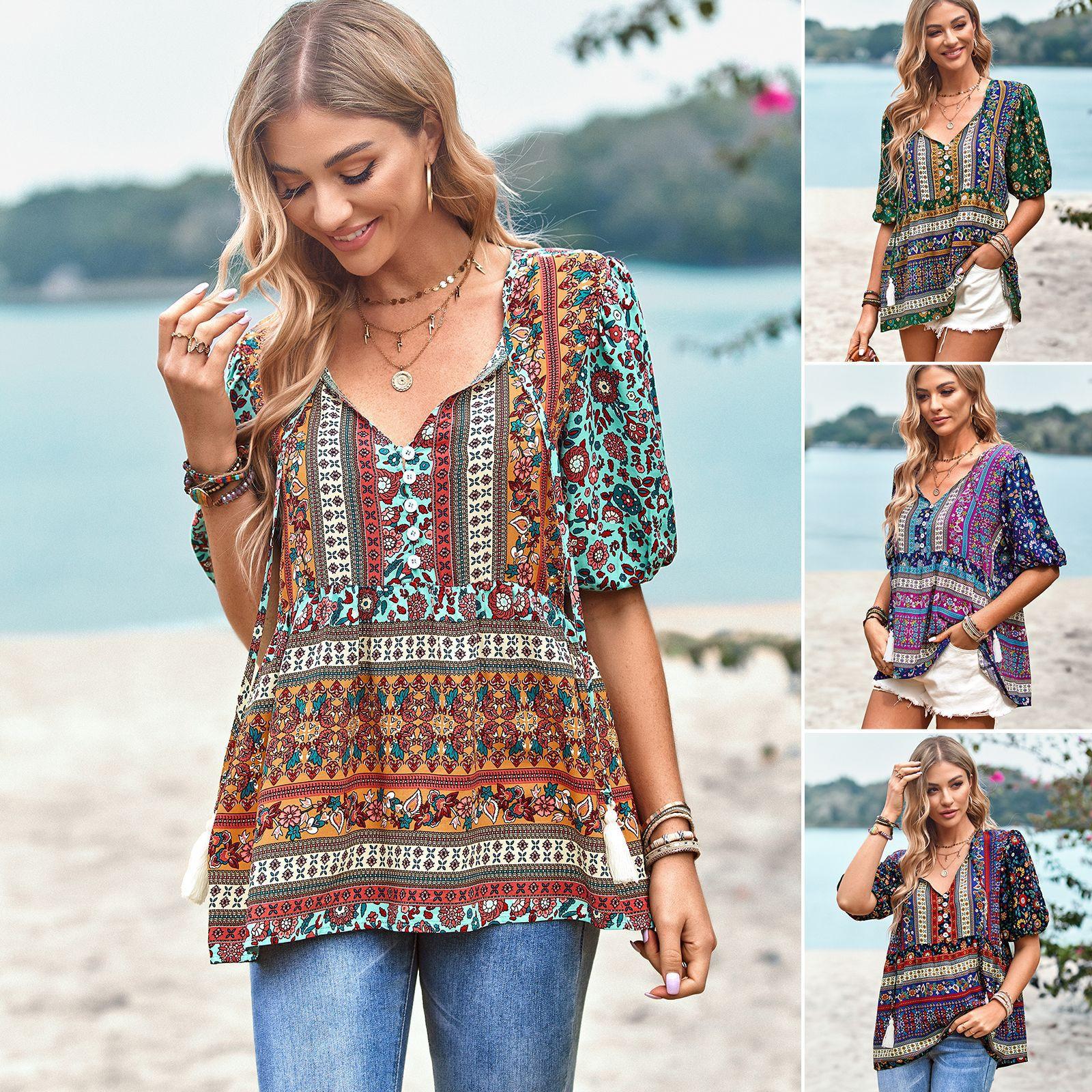 

(Qunide) Fashion Casual Women s Printed Shirt Comfortable Commuting V-Neck Top