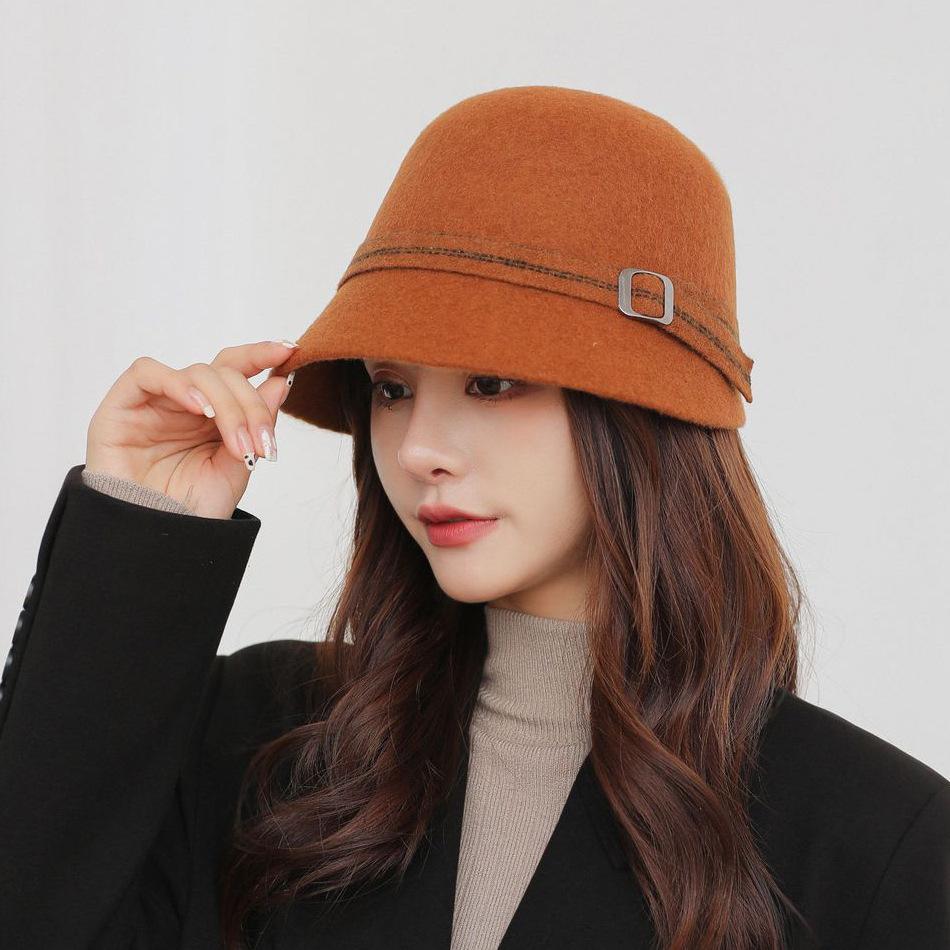Autumn and winter wool new women's fashion equestrian hat outdoor warmth leisure travel belt buckle small basin hat