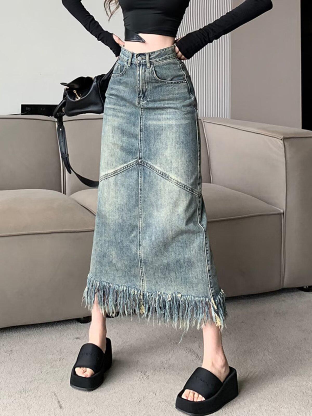 

2024 Джинсовая юбка миди с бахромой и пэчворком - Женская винтажная приталенная M синий