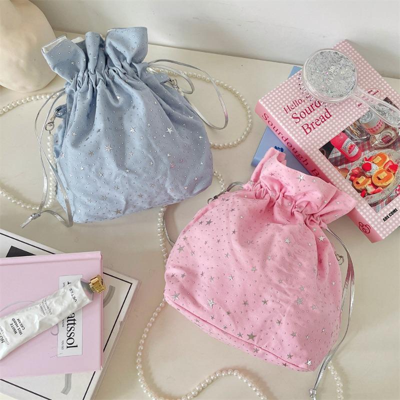 Star Sequins Fashionable Small Fresh Shoulder Bag New Canvas Bag Drawstring Strap Messenger Bag