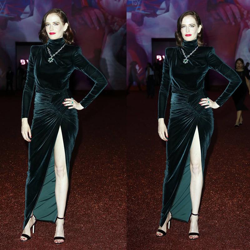 2025 Herbst Sternenbesetztes Dunkelgrünes Samt Kleid mit Hohem Schlitz und Unregelmäßigem Saum