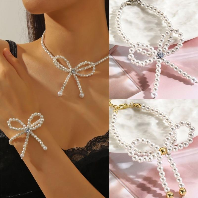 Fashionable Bowknot Pendant Bracelet/Earrings/Necklace Elegant Imitation Pearls Ornament Stylish Jewelry for Daily Wear