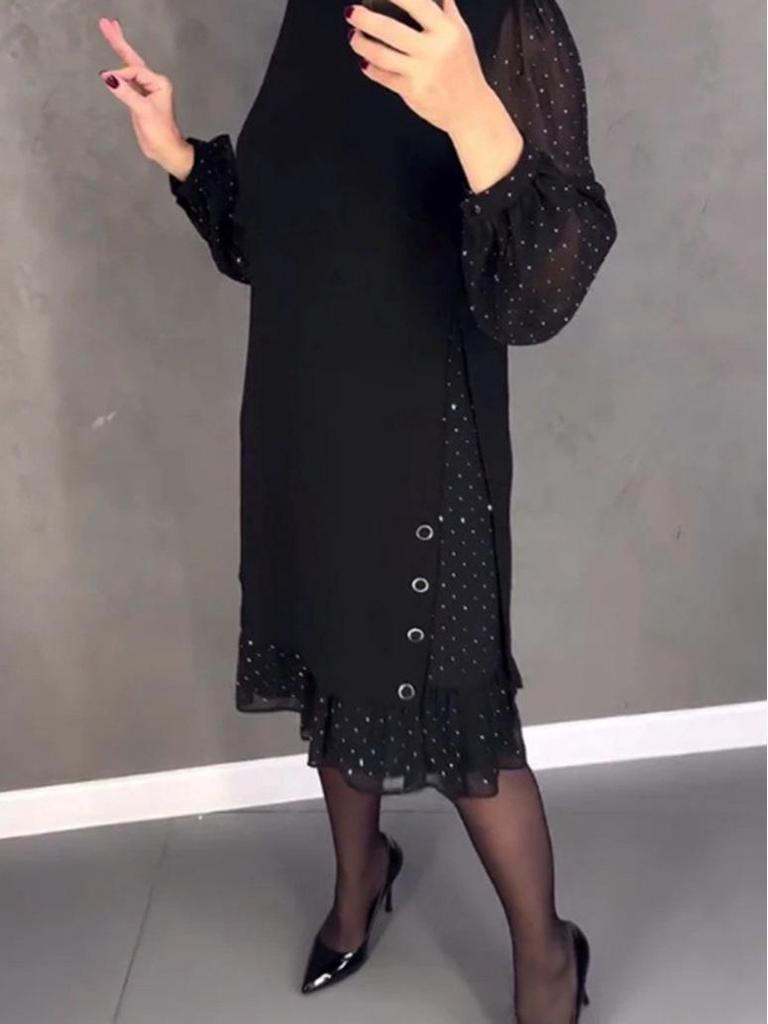 European and American Solid Color Round Neck Lace Pleated Dress - 2024 Autumn/Winter Collection