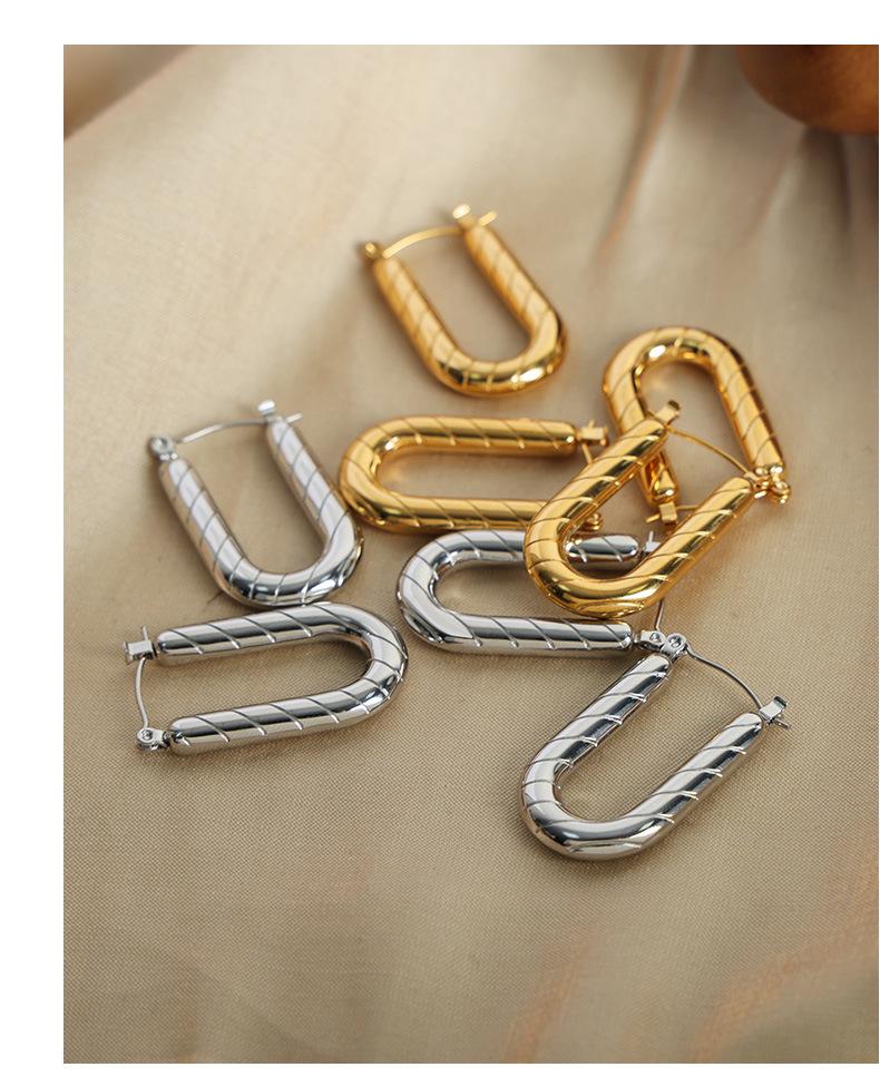 European & American U-Shaped Long Plaid Earrings, Gold-Plated Titanium Steel, Colorfast Jewelry for Women