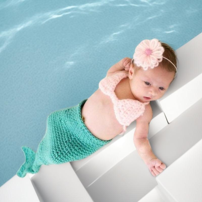 Soft Knitting Baby Sea-maiden Costume Chest Flower Headwear for Capturing Beautiful Moment In Newborns Photography